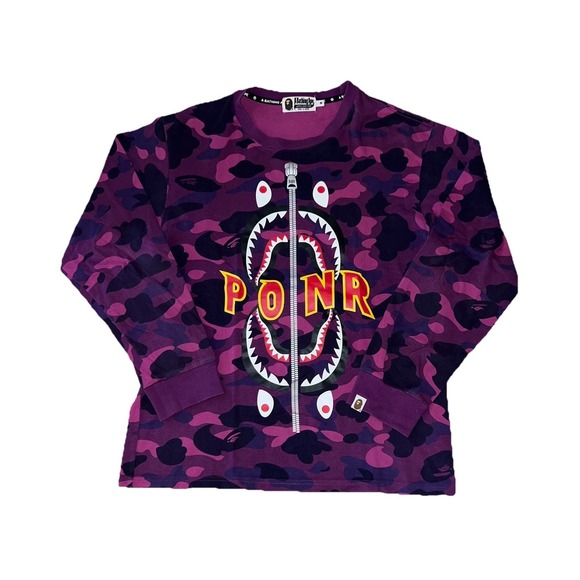 A Bathing Ape Men's Long Sleeve Cotton Shirt Purple Camo Shark PONR Size XL NEW